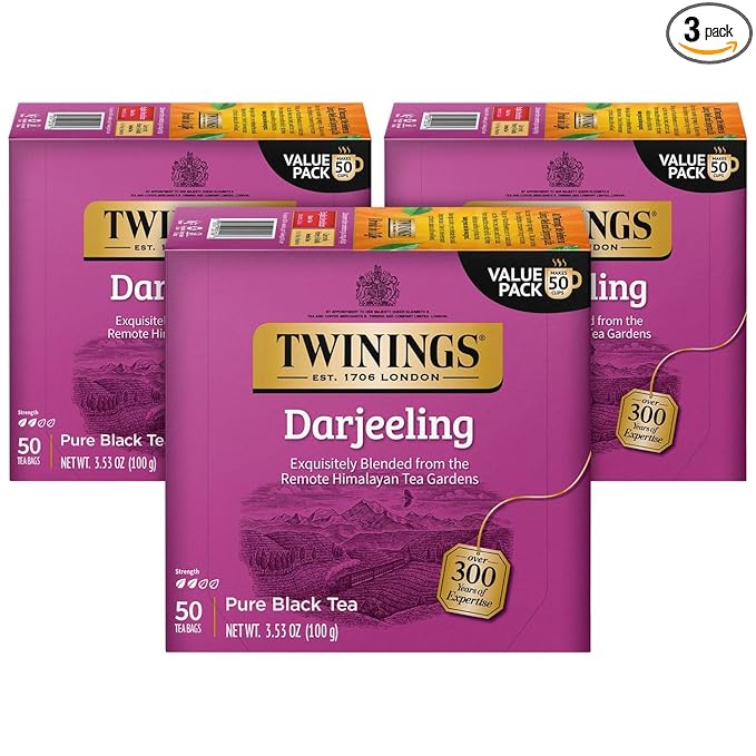 Twinings Darjeeling Tea - A Delicate Dry Black Tea Sophisticated Coffee Alternative with Less Caffeine Individually Wrapped Tea Bags 50 Count (Pack of 3)