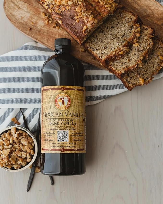 Pure Dark Mexican Vanilla Extract Gluten-Free Vanilla for Baking Cakes Cookies Desserts Coffee &amp Beverages (1 Liter / 33.81 fl oz) – Natural No Coumarin Bold Flavor