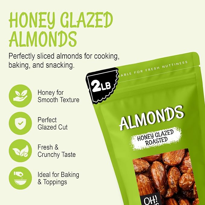 Oh! Nuts Honey Glazed Roasted Almonds - 2 lb - High-Protein Whole Almonds - Packed in New York Zip-Seal Bag for Exceptional Freshness