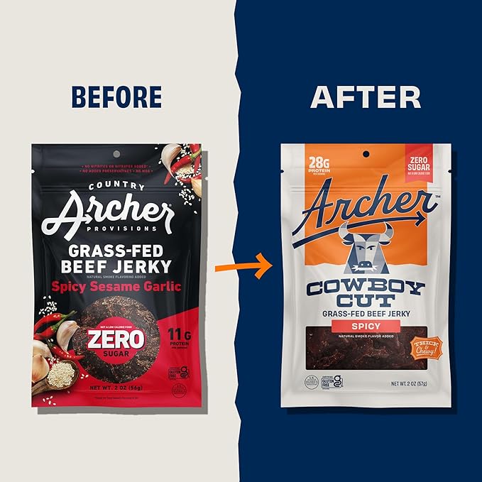 Country Archer Grass-Fed Beef Jerky - Zero Sugar Beef Jerky Sugar Free Meat Snack Bulk Individual Packs Gluten Free Paleo - Spicy 2 Oz (Pack Of 6)