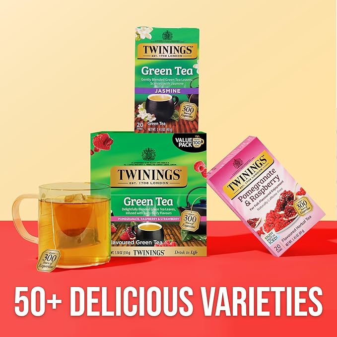 Twinings Green Tea with Pomegranate Raspberry &amp Strawberry Individually Wrapped Bags 100 Count (Pack of 1) Caffeinated Enjoy Hot or Iced 100 Teabags