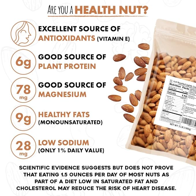 Roastery Coast - Just Roasted Almonds | 3 LB Bulk Daily Nuts | Keto Snack | Lightly salted | Plant Protein | Heart Healthy | Antioxidant | Gluten Free | Non-GMO Project Verified | Low sodium