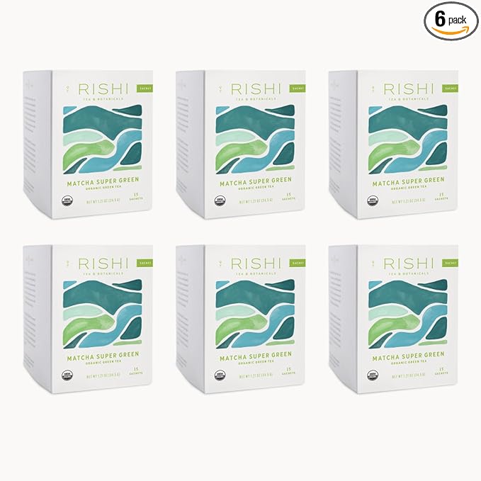 Rishi Tea Matcha Super Green Japanese Tea - Organic Caffeinated Sachet Bags Umami Antioxidant Rich Sencha &amp Matcha Blend - 15 Count (Pack of 6)