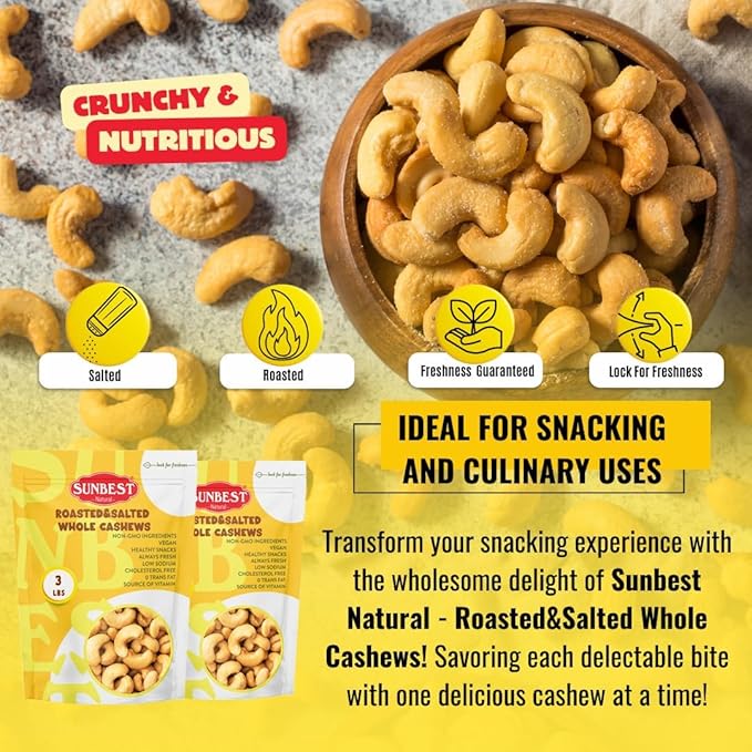 Sunbest Natural Whole Roasted Salted Cashews – 3 lb Bulk Bag (48 oz) – Non-GMO Vegan &amp Crunchy – Kosher Certified Gluten-Free – Perfect for Snacking Topping &amp Baking