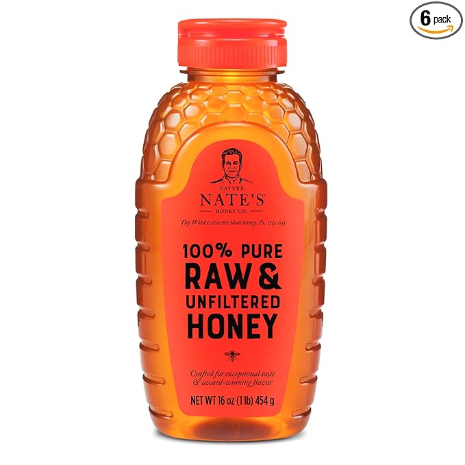 Nate's 100% Pure Raw &amp Unfiltered Honey - Award-Winning Taste 16oz.Squeeze Bottle (6-Pack)