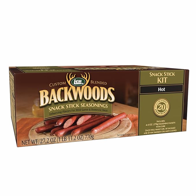 LEM Products Backwoods Hot Snack Stick Seasoning Kit Ideal for Wild Game and Domestic Meat Seasons Up to 20 Pounds of Meat 1 Pound 11.2 Ounce Package with Pre-Measured Cure Packet Included