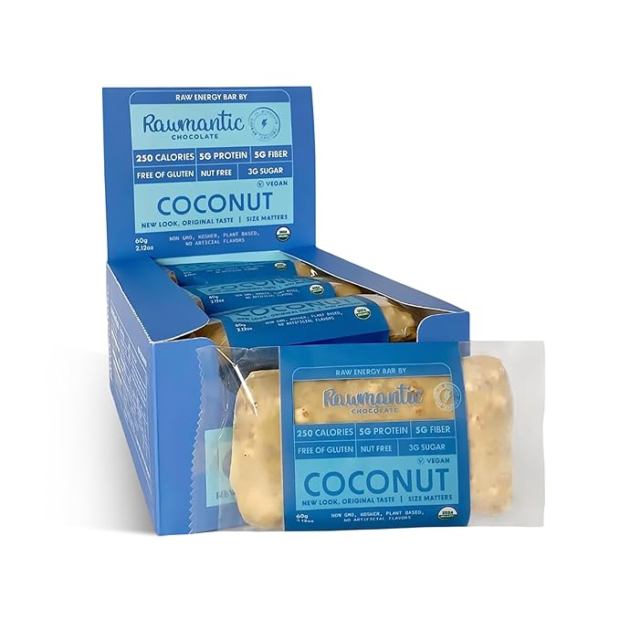 Rawmantic Coconut Energy Bar (12 Mini Bars x 60g) – Organic Coconut Chips &amp Plant Based Protein with Puffed Quinoa Sorghum Millet &amp Buckwheat - No Artificial Flavors Plant-Based Non-GMO &a