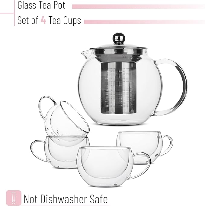 BTaT- Glass Tea Pot Set Set of 4 Double Wall Glass Tea Cup and Kettle with Infuser