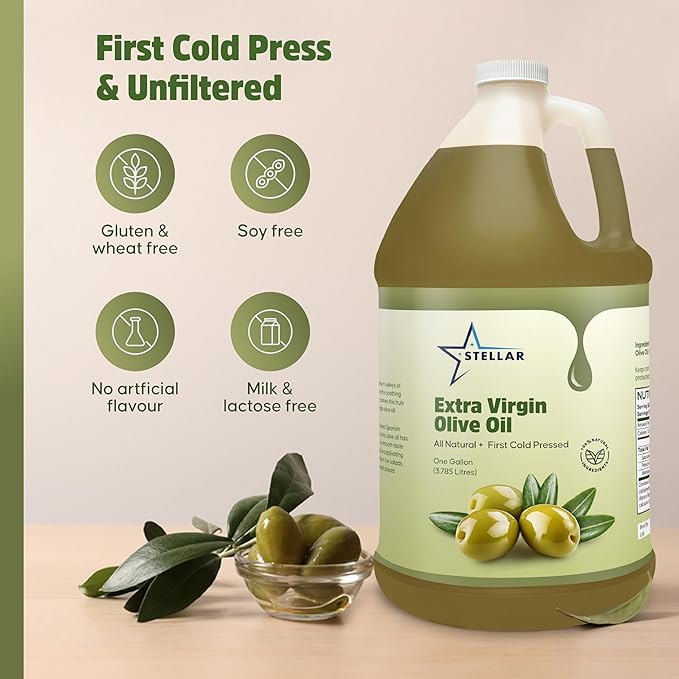Pure Extra Virgin Olive Oil Cold Pressed - Olive Oil for Hair and Culinary Use - 100% Pure and Natural - Premium Quality Olive Oil - Stellar -1 Gallon