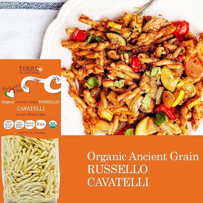 3 PACKS ORGANIC ITALIAN DURUM WHEAT CAVATELLI PASTA – Sicilian Ancient Grain Russello Vegan Crafted in Italy. LOW-GLUTEN INDEX. Has 6X More Fiber and Protein than Popular Grains