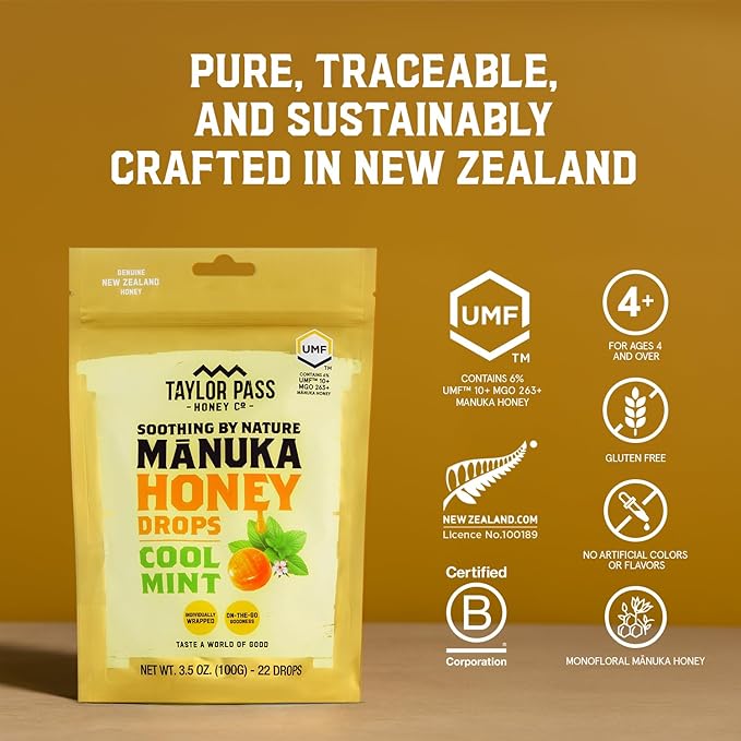 Taylor Pass Mānuka Honey Drops Bundle UMF™ 10+ Cool Mint &amp Zesty Lemon Lozenges | Natural Soothing On-The-Go | 2 Packs 22 Drops Each | Made in New Zealand