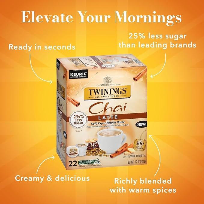 Twinings Chai Latte Black Tea Single Serve K-Cup Pods for Keurig 22 Count (Pack of 2) Creamy Slightly Sweet Less Sugar Caffeinated Enjoy Hot or Iced