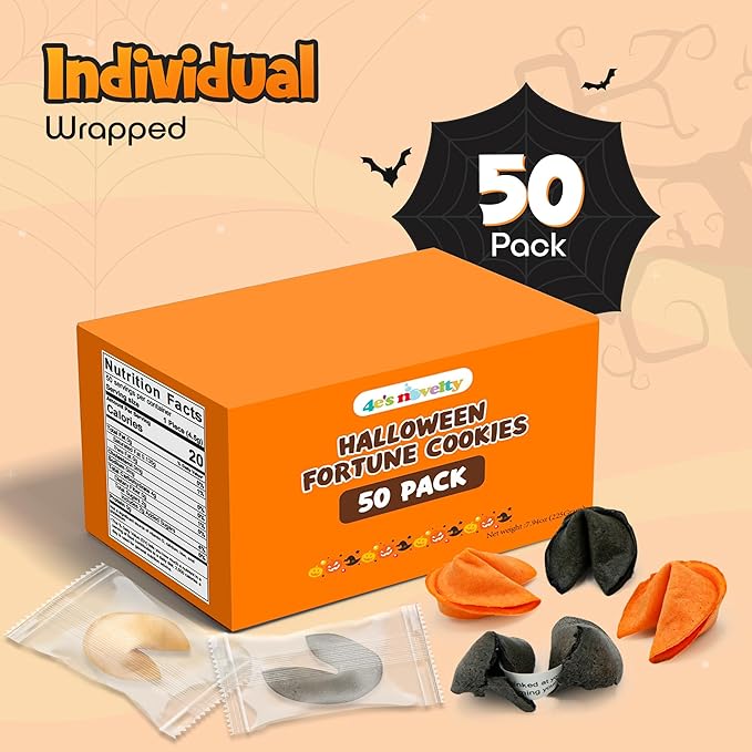 4E's Novelty Halloween Fortune Cookies Bulk - 50 Individually Wrapped with 50 Funny &amp Scary Fortune Cookies Sayings for Kids &amp Adults Trick-or-Treat Perfect for Halloween Party