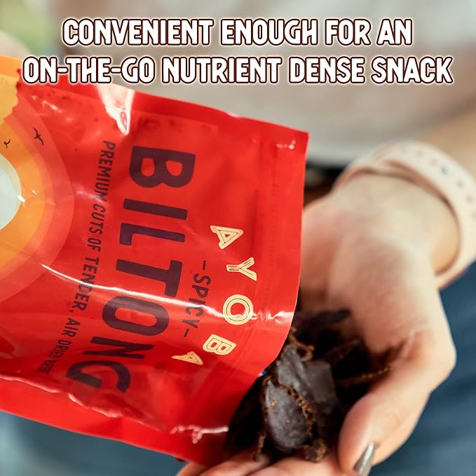 Ayoba Spicy Grass Fed Beef Biltong Slices (2 Ounce Pack of 3) - Keto Friendly Air-Dried Grass Fed Beef Paleo Snacks - Gluten Free Whole 30 Approved Sugar free No Carb Meat Snacks