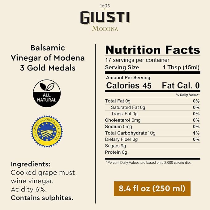 Giusti Italian Balsamic Vinegar of Modena IGP – 3 Gold Medals Rich &amp Thick Gran Deposito Aceto Balsamico di Modena for Salads &amp More Made in Italy Customized Gift Box – 8.45 fl oz (250 ml)