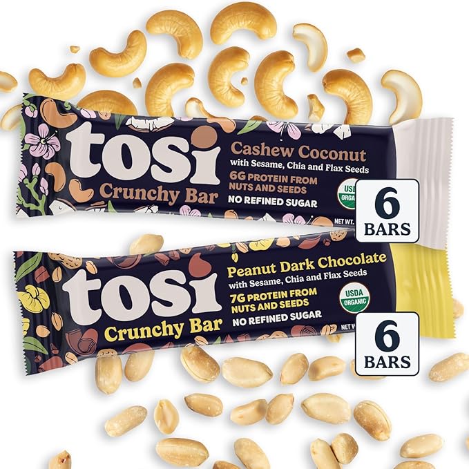Tosi Cashew Coconut and Dark Chocolate Peanut Protein Bars Combo Plant Based with Nuts Gluten-Free Crunchy Snacks Vegan Organic Flax &amp Chia Seeds Soy-Free Omega 3s 6G/8G Protein 1 oz 12-