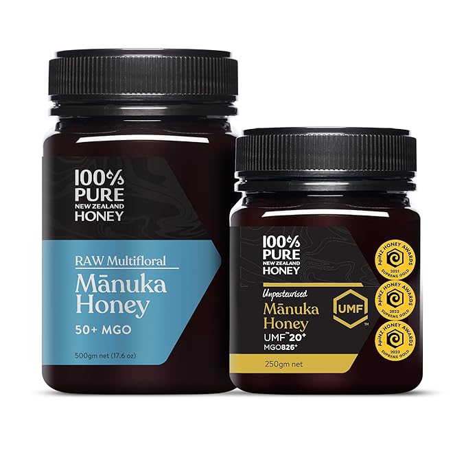 100% Pure New Zealand Manuka Honey UMF 20+ (8.8 oz) and MGO 50+ (17.6 oz) Bundle