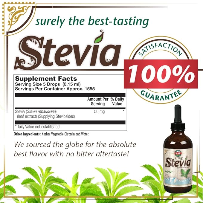 KAL Sure Stevia Extract Zero Calorie Sweetener Low Carb Plant Based Liquid Stevia Drops Great Taste Zero Sugar Low Glycemic &amp Perfect for a Keto Diet 60-Day Guarantee Approx. 1555 Servings