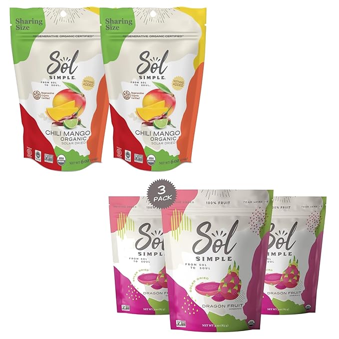 SOL SIMPLE Regenerative Organic Certified™ Dried Chili Mango and Dragon Fruit | Snack Pack | Vegan | Non-GMO | No Added Sugar | Dried Fruit | Dried No Sugar | Organic