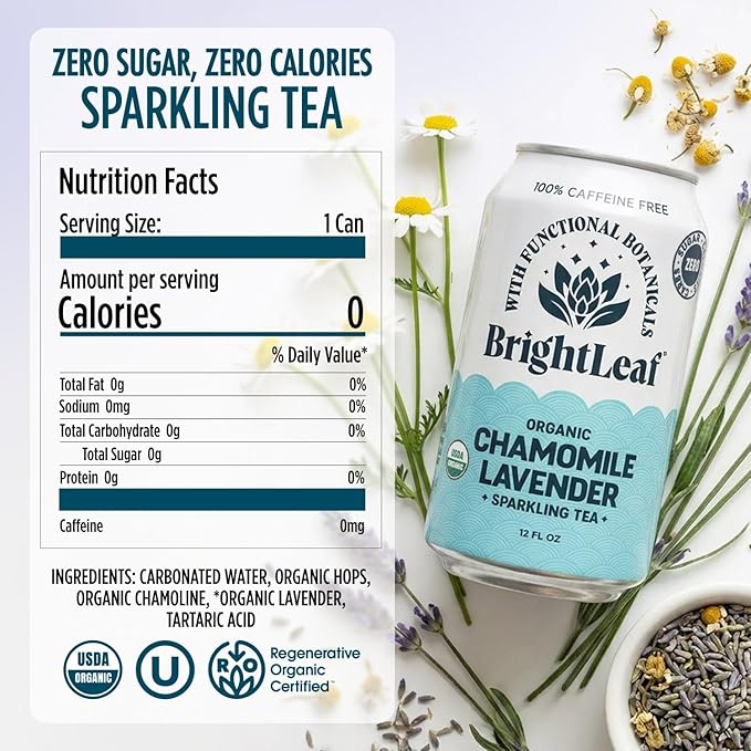 BrightLeaf Chamomile Lavender Sparkling Tea with Functional Benefits for Calm &amp Relaxation – Regenerative Organic Caffeine-Free Zero Sugar Zero Calories Zero Sweeteners Botanical Blend – 12oz