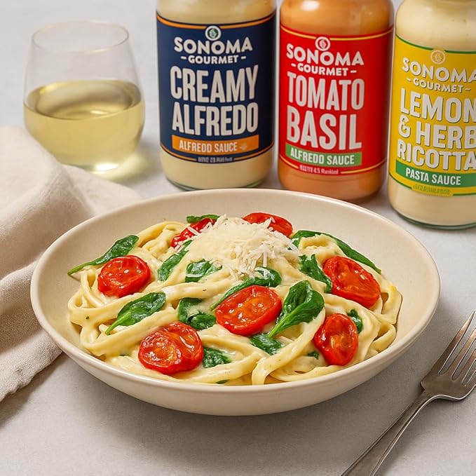 Sonoma Gourmet Family Pasta Night Gift Set – Four Pack | Cherry Tomato Creamy Alfredo Tomato Basil Alfredo &amp Lemon Herb Ricotta Sauces | Premium Variety Pack for Pasta Lovers