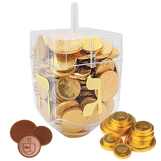Jumbo Hanukkah Dreidel Filled with Chocolate Gelt Coins 80 Chocolate Half Dollar Coins Chanukah Gelt Kosher (8-Pack)