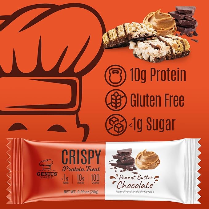 Genius Gourmet Crispy Protein Treat Chocolate Peanut Butter Keto Snack Low Carb Low Sugar &amp Gluten Free Protein Snacks for Adults 10G of Whey Protein per Protein Bar 5 Net Carbs 10 CT
