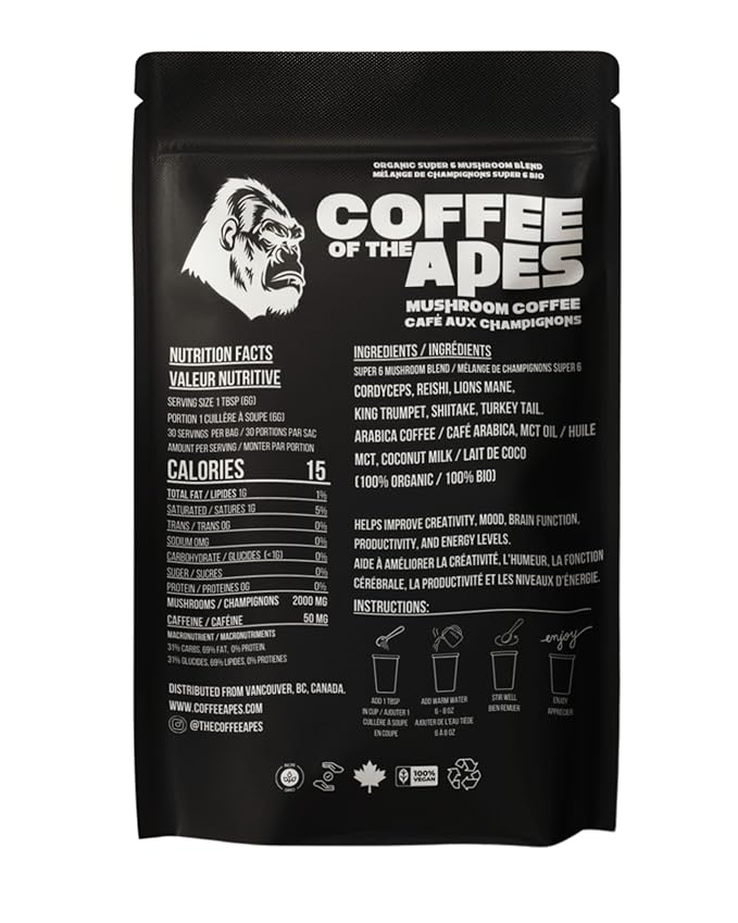 Coffee Of The Apes - Instant Mushroom Coffee: Real Arabica 6 Super Functional Mushrooms High Potency Adaptogens. Healthy Drink &amp Superfood Beverage