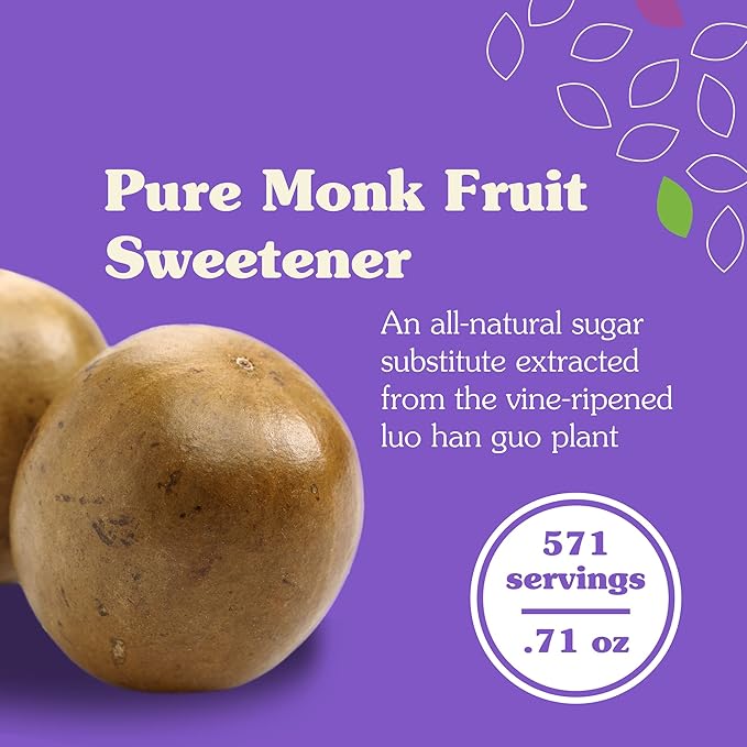 NuNaturals All-Natural Pure Monk Fruit Powder Plant-Based Sweetener Zero-Calorie Low Glycemic .71 oz
