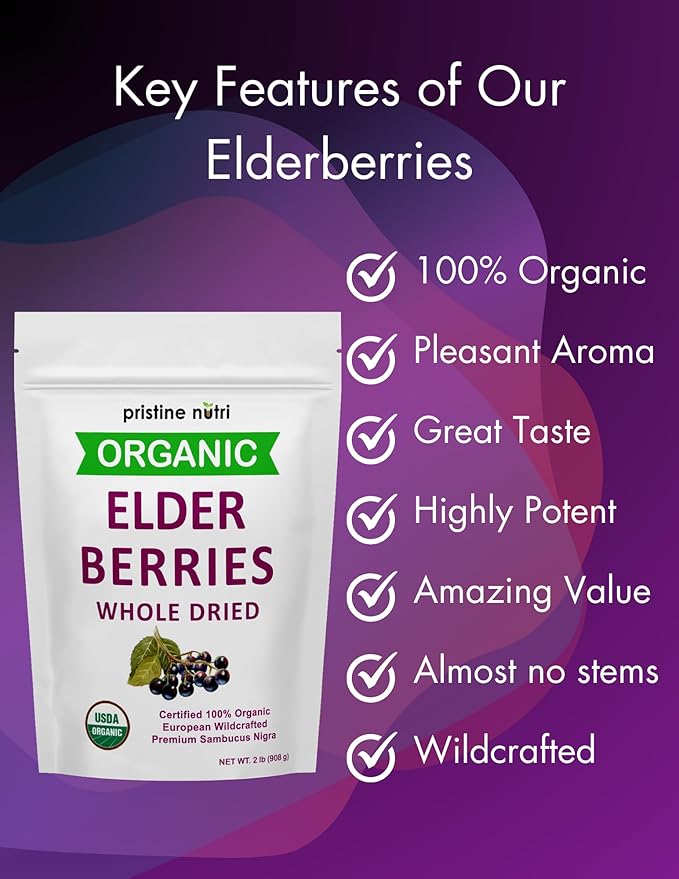 Organic Elderberries Dried Bulk | Whole European Elderberry Dried Wildcrafted All Natural | Non-GMO Non-irradiated | Immunity Booster Antioxidants and Vitamins | Make Syrup Tea| 2 lb (32 oz)