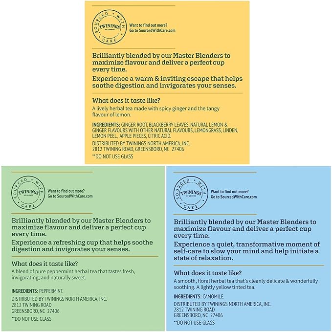 Twinings Herbal Tea K-Cup Pods for Keurig Variety 3-Pack – Pure Peppermint Pure Camomile + Lemon &amp Ginger Tea K-Cups Naturally Caffeine-Free 12 Count Each