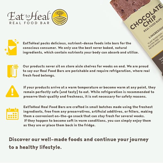 EatToHeal Chocolate Chip Real Food Bar - Organic Vegan Healthy Gluten Free Protein Bars - Low Sugar Meal Replacement Bar Non GMO Never Baked Plant Based - Crafted to Enjoy Not Sit on Shelves