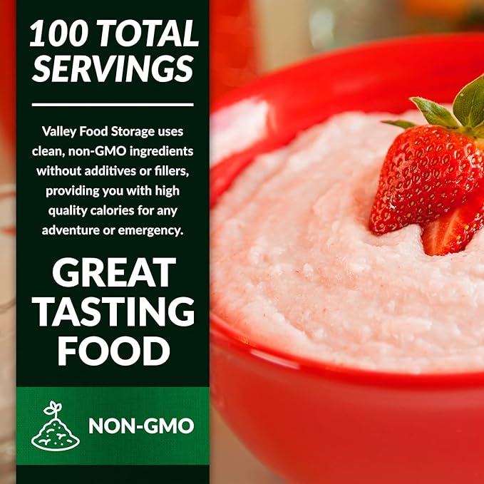 Valley Food Storage Freeze Dried Strawberry Creamy Wheat | 10-Bag Bucket 100 Servings | Premium Emergency Food Supply 25 Year Shelf Life | Survival Breakfast Food for Prepper Storage &amp Camping