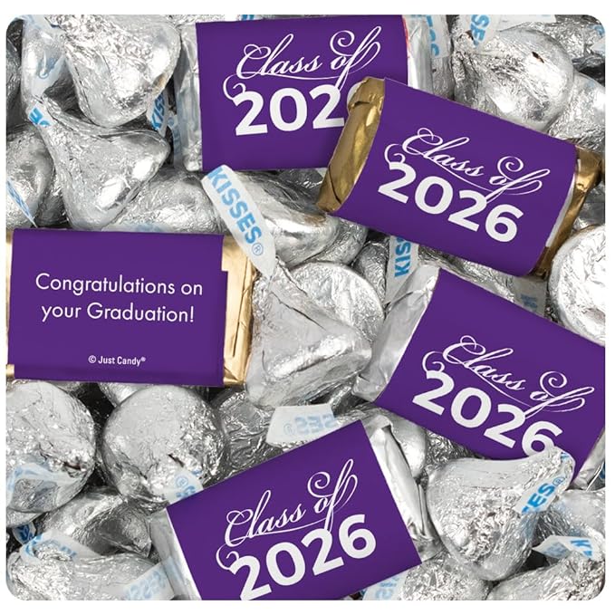 124 Pcs Purple Graduation Candy Party Favors Purple Wrapped Miniatures and Silver Kisses by Just Candy (1.52 lbs approx. 124 Pcs)