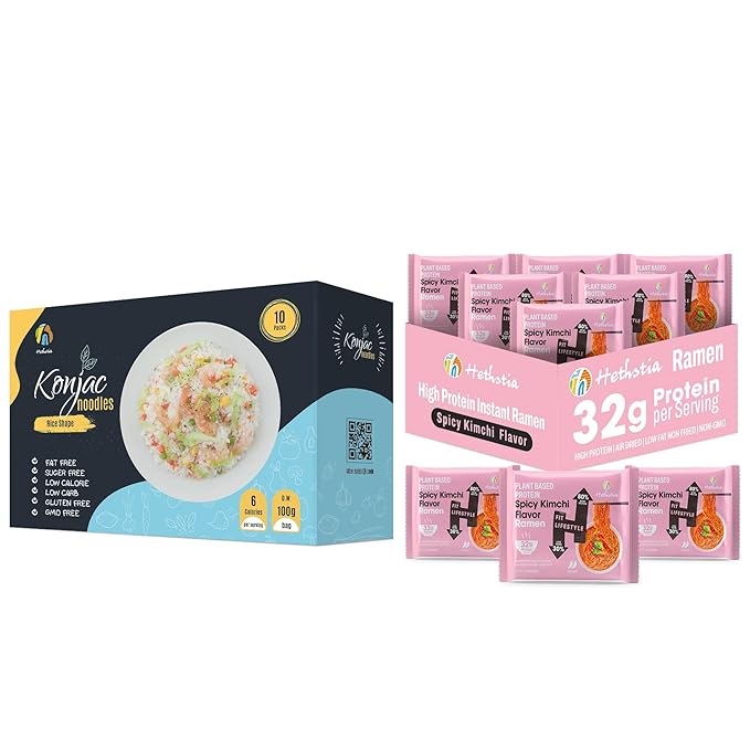 Hethstia Bundle – Konjac Shirataki Rice &amp High Protein Ramen Spicy Kimchi Flavor 10 Konjac Rice Packs + 6 Kimchi Ramen Bags Vegan 32g Plant Protein Low Fat Non-GMO Hearty Healthy Meal Set
