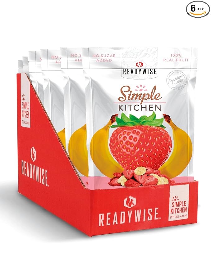 READYWISE - Simple Kitchen Freeze-Dried Strawberries &amp Bananas 24 Servings 6 Pack Vegetarian Gluten Free Snacks Strawberries Banana Dried Fruit Pre Workout Healthy Snacks Survival Food