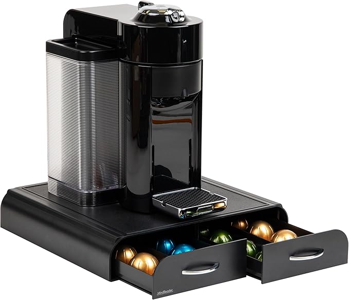 Mind Reader Single Serve Coffee Pod Organizer with 2 Drawers Compatible with 18 Vertuoline (7.77 fl oz) or 72 Original Nespresso (1.35 fl oz) capsules Plastic 13.25L x 12.75W x 2.5H Black
