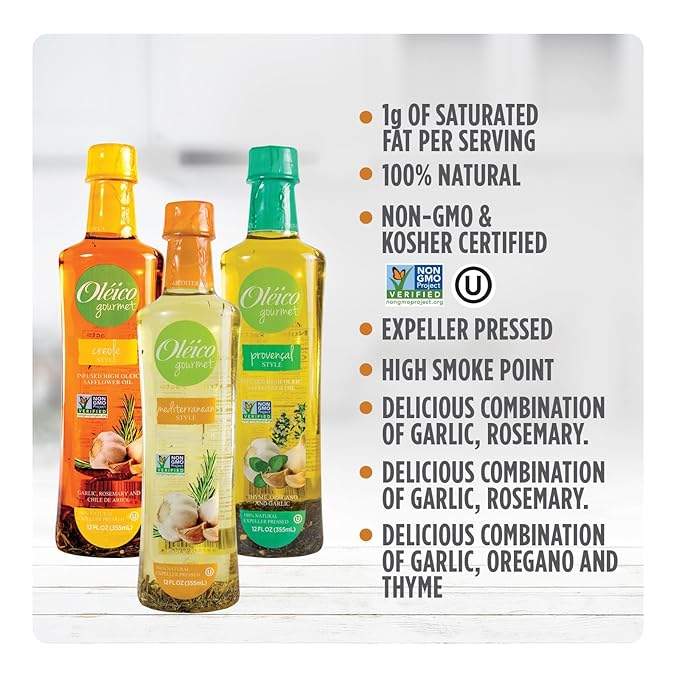 Oleico Gourmet -Infused High Oleic Non GMO Certified Kosher Verified Expeller Pressed High Heat Stable Safflower Oil Assorted Style Creole Provencal and Mediterranean Bottle of 12 fl oz (Pack o