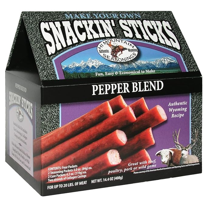 Hi Mountain Seasonings ǀ Snack Stick Seasoning Kit ǀ PEPPER BLEND ǀ Includes Seasoning Cure Casings &amp Directions ǀ Seasons up to 20 lbs of Meat ǀ Beef Pork Venison Deer &amp Wild Game