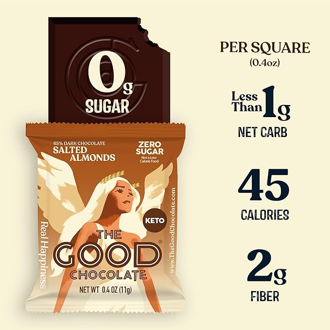 The Good Chocolate - Salted Almonds Keto Chocolate Squares Zero Sugar Lower Net Carb Snack Lower Calorie Vegan Chocolate Candy 24 Square Family Pack