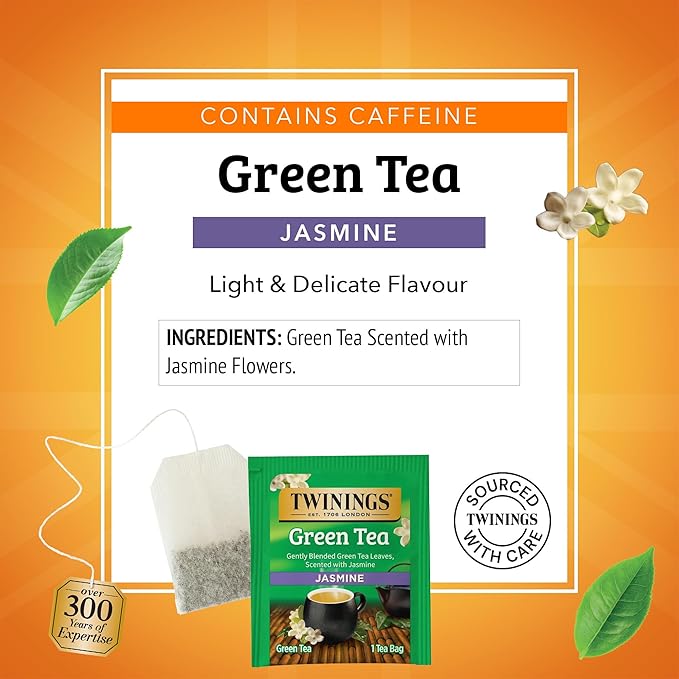Twinings Green Tea with Jasmine Individually Wrapped Bags 100 Count (Pack of 1) Fragrant Floral Scent Caffeinated Enjoy Hot or Iced 100 Teabags