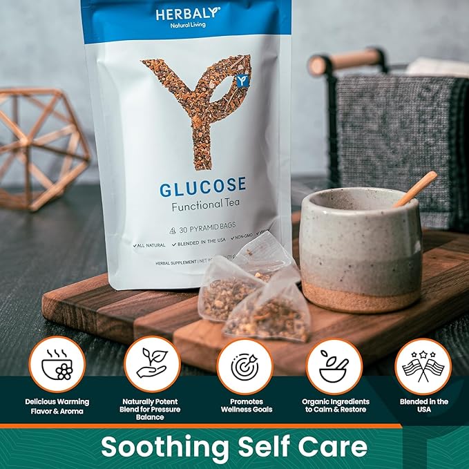 Herbaly Glucose Functional Tea - Vitality &amp Wellness - Gymnema Sylvestre Ceylon Cinnamon Bitter Melon Dandelion Root Fenugreek - Daily Teas - Organic Plant-Based Tea Bag Pyramids - 30 ct