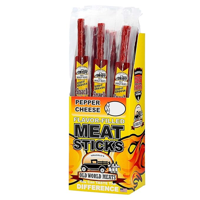 Old World Meats Meat Sticks 110 Calories Keto Low Carb 1g Sugar Fuelings 20 Pack 1 ounce sticks (Pepper Cheese)