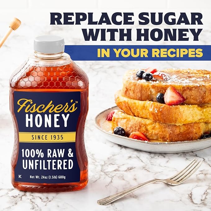Fischer's 100% Pure Raw &amp Unfiltered Honey 24 oz – All-Natural Sweetener – Rich Flavor Profile Packed with Nutrients
