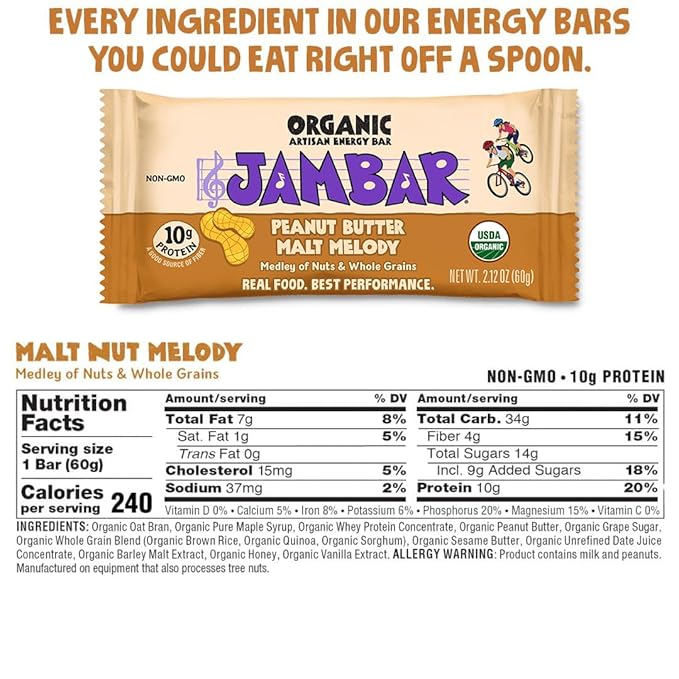 JAMBAR Organic Artisan Energy Bar (Peanut Butter Malt Melody - 12 Pack)