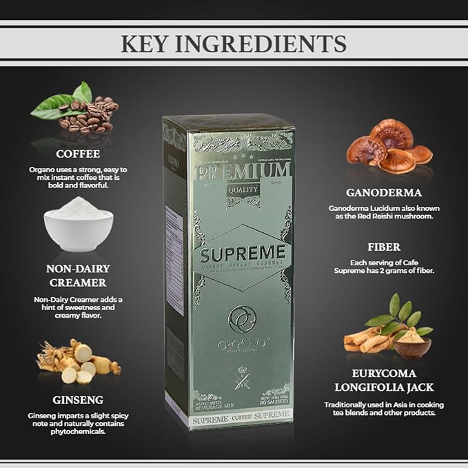 ORGANO 2 Boxes Cafe Supreme 100% Ganoderma Lucidum with Ginseng (40 Sachets)