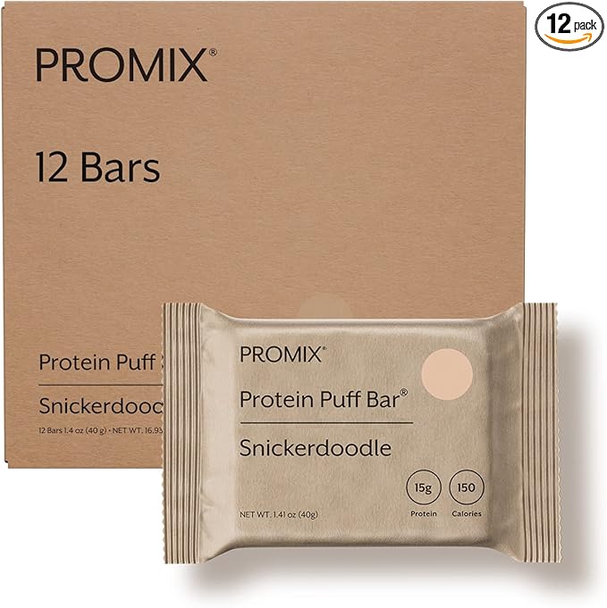 ProMix Nutrition Protein Puff Bars - Snickerdoodle - Marshmallow Crispy Treat - Great Tasting &amp Healthy On The Go Snack - High Protein &amp Low Calorie - Free From Gluten Soy &amp Corn - 12 Ba