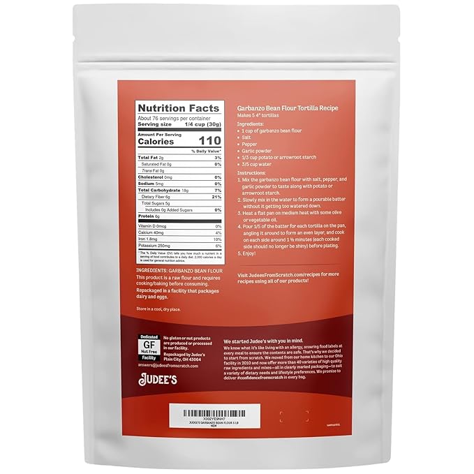 Judee's Gluten Free Chickpea Flour - Non-GMO Vegan Gluten Free Flour - Ideal for Pancake Mix Tortillas &amp Banana Bread - 5 lb