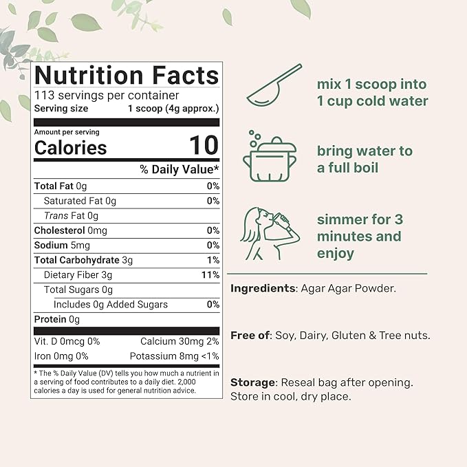 Agar Agar Powder 1lb (16oz) | Planted-Based Source from Red Algae | Unflavored Thickening Agent for Cooking &amp Baking | Vegan Substitute for Beef Gelatin | Non-GMO Vegan Friendly