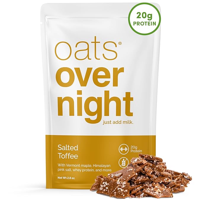 Oats Overnight Salted Toffee - Overnight Oats with 20g Whey Protein High Fiber Breakfast Protein Shake - Gluten Free Oatmeal Non GMO High Protein Oatmeal (2.8 oz per Meal) (8 Pack)